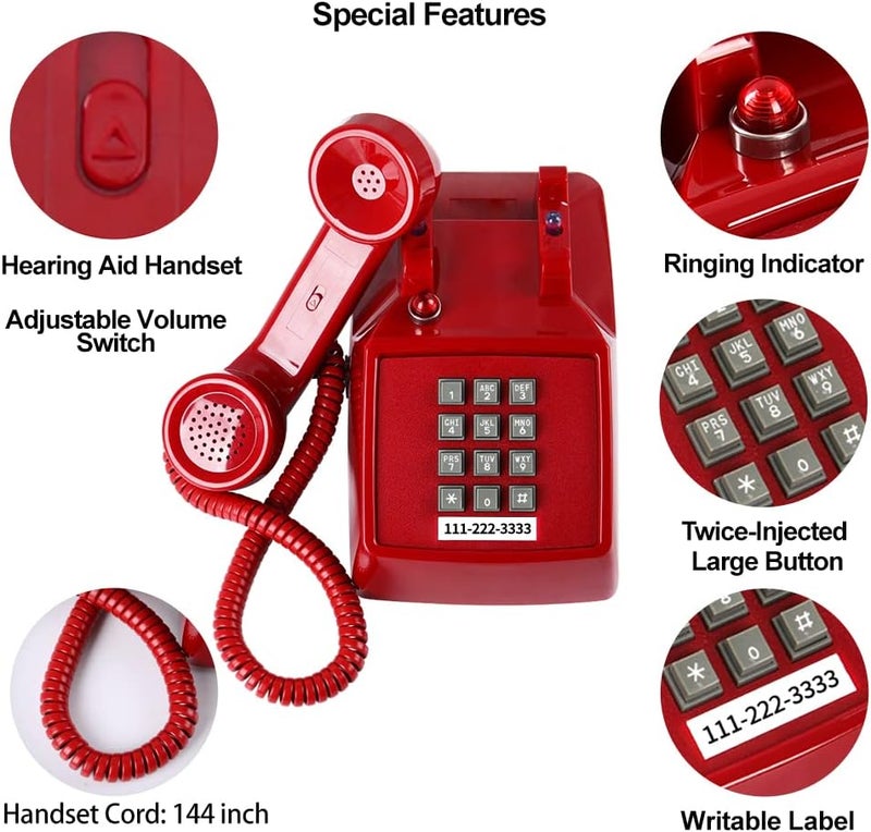 HTMengt Traditional Red Landline Phone, Retro Corded Telephone Visible Ringing Indicator, Classic 2500 Analog Desk Phone, Vintage Corded Desk Telephone Large Button, Old Red Telephone Landline for School,Home - Image 5